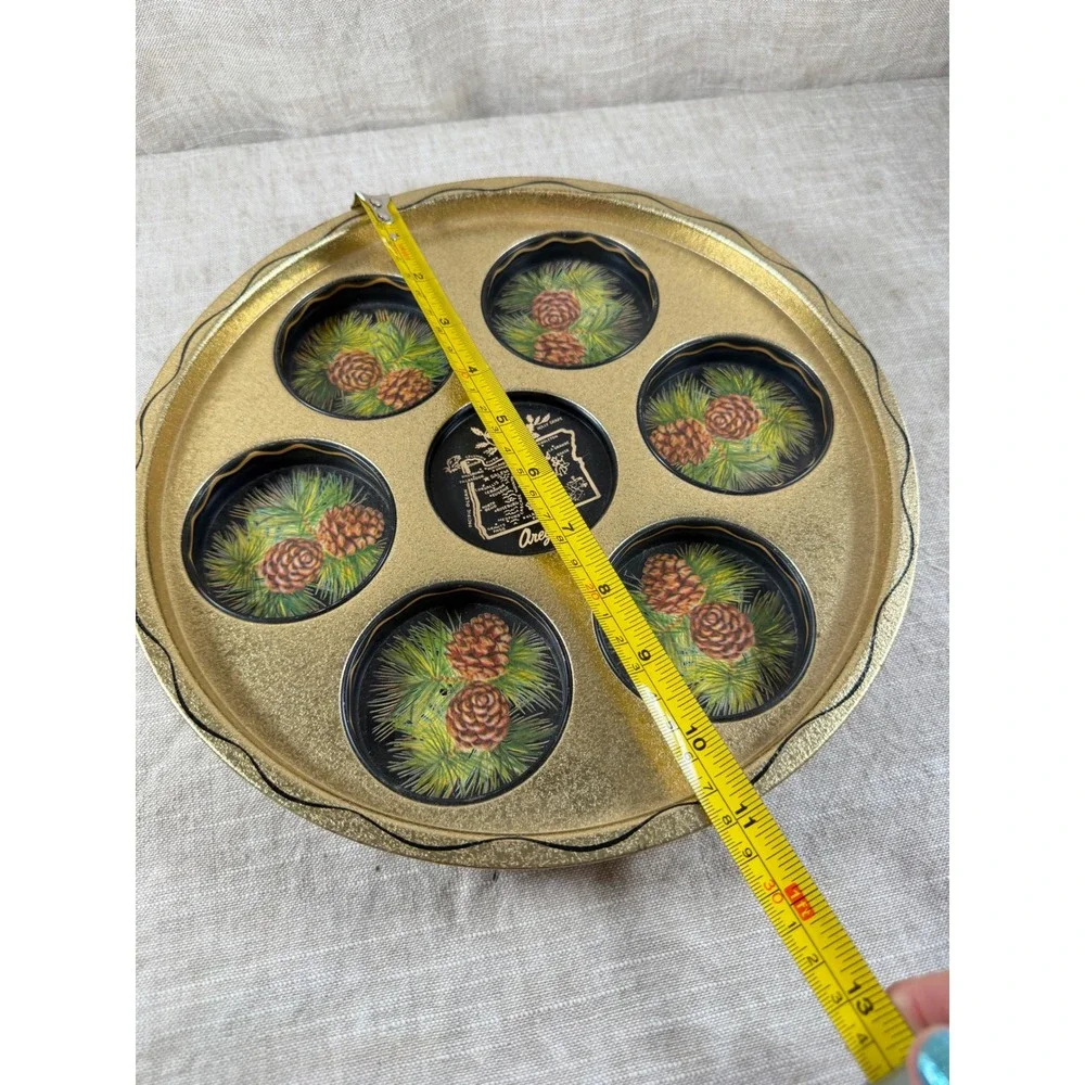 Vintage Oregon Pinecone Coaster Tray Set Gold Metal Barware 1960s MCM